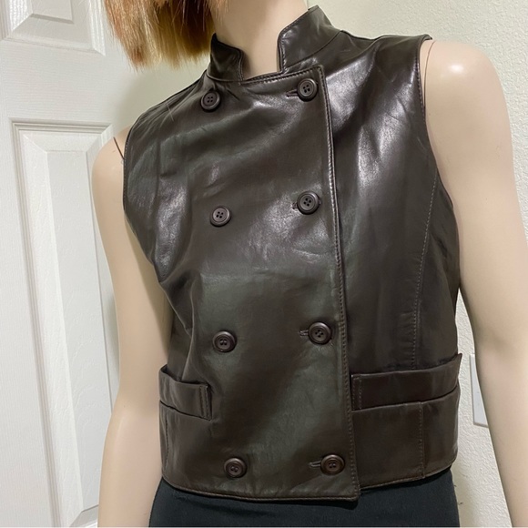 Vintage Ann Taylor Chocolate Brown Double Breasted 100% Leather Vest Petite S - Picture 4 of 13